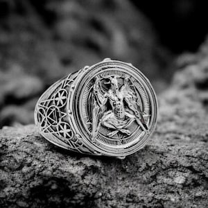 925 Sterling Silver Satanic Ram Skull Ring, Pentacle Baphomet Satanic Satan Ring, Gothic Goat Baphomet Ring, Devil Ring Gift For Men&#39;s