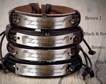 Custom Engraved Leather Bracelet, Personalized Men's Bracelet, Father's Day Gift
