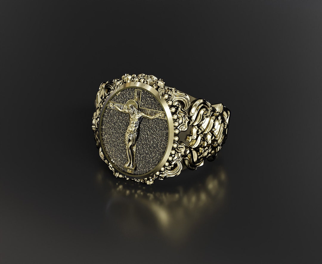 Jesus on Cross Men's Rings, Jesus Ring Christian Catholic Mens