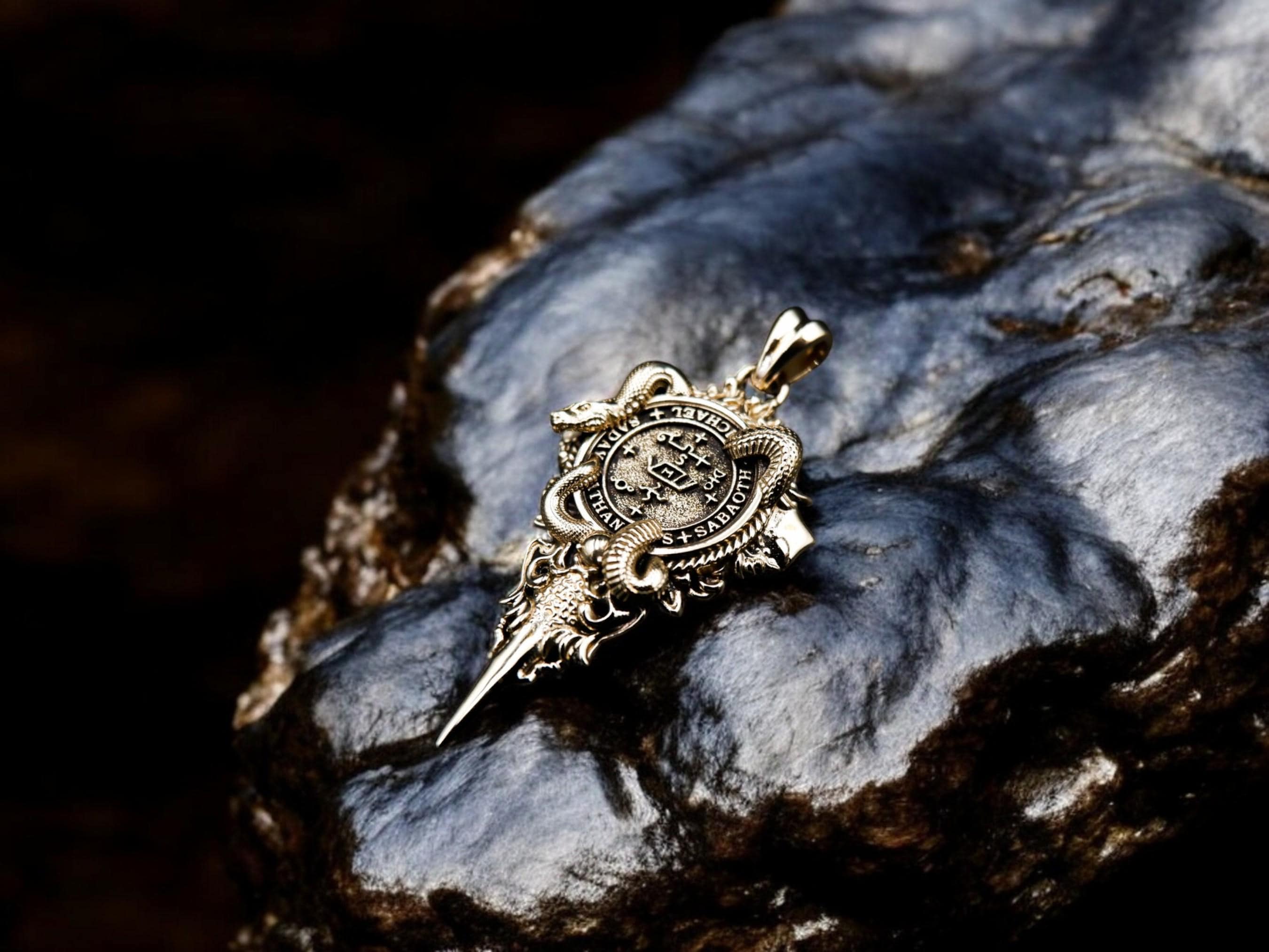 St. Michael Miguel Symbols Pendant with Snake, Archangel Michael Pendant, Saint Michael Pendant, Christian Brass Jewelry
