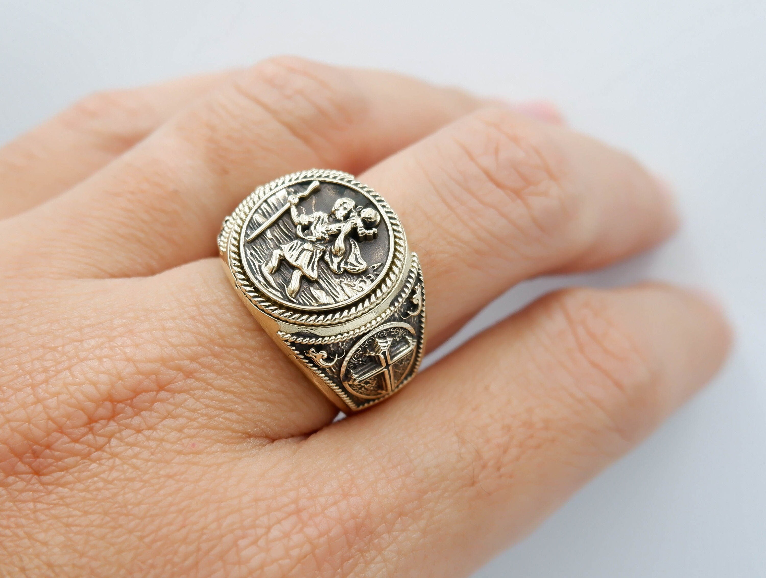 Saint Christopher Brass Signet Ring, Biker Style, Catholic
