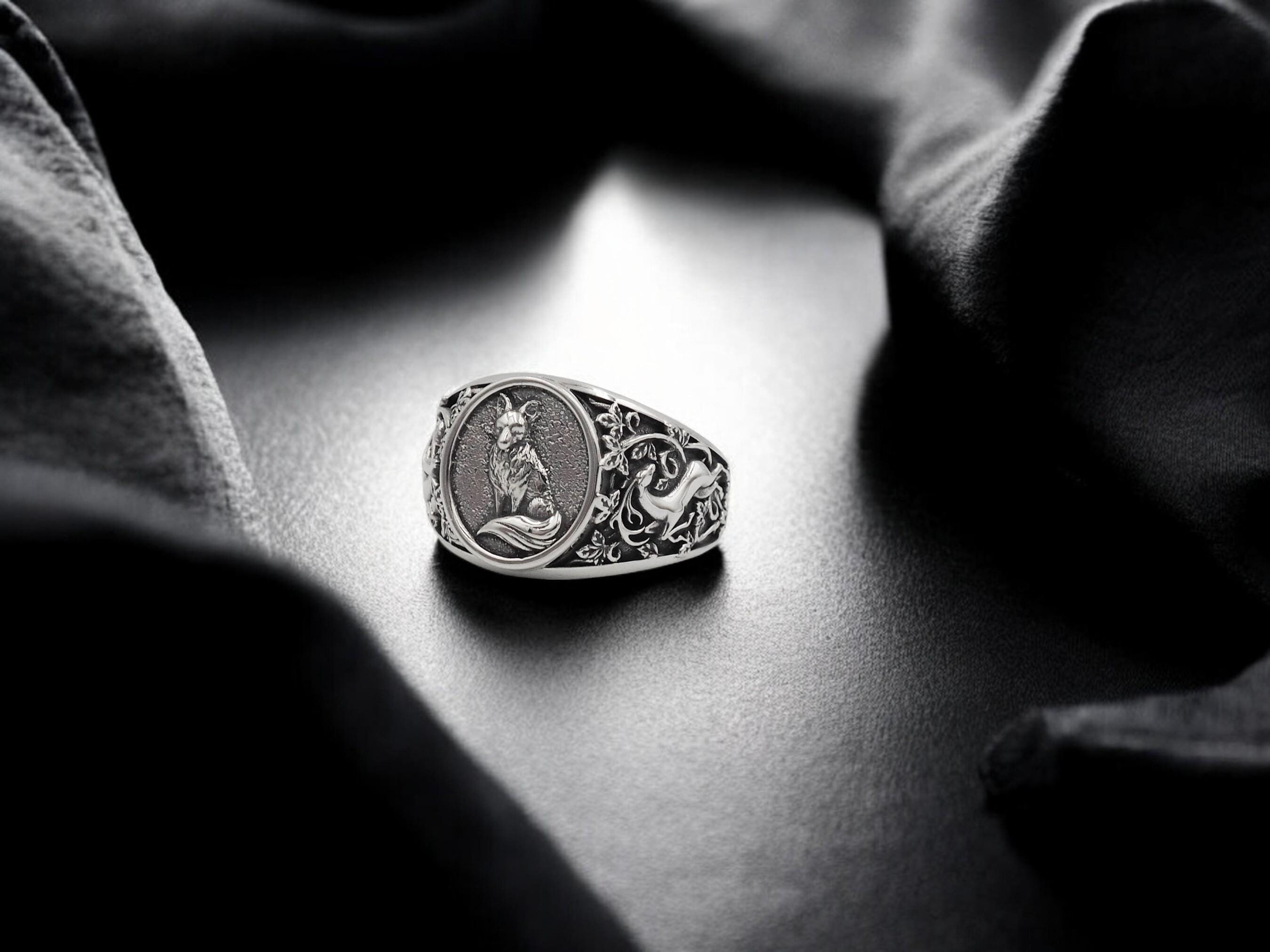 Mens Silver Fox Ring, Fox Men's Ring, Fox Men Jewelry Wedding Gift Ring For Mens 925 Sterling Silver