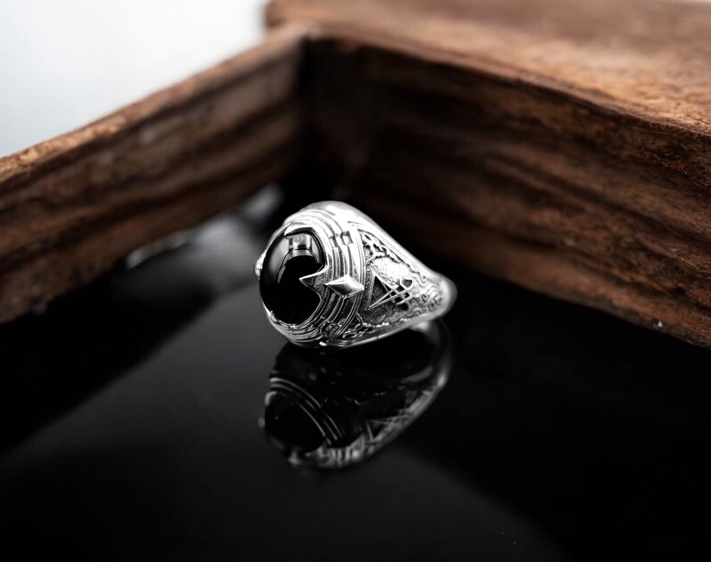 Bague "Lucifer" En Argent Sterling 925 Et Onyx Noir - Taille Variable - Neuf Avec Étiquettes