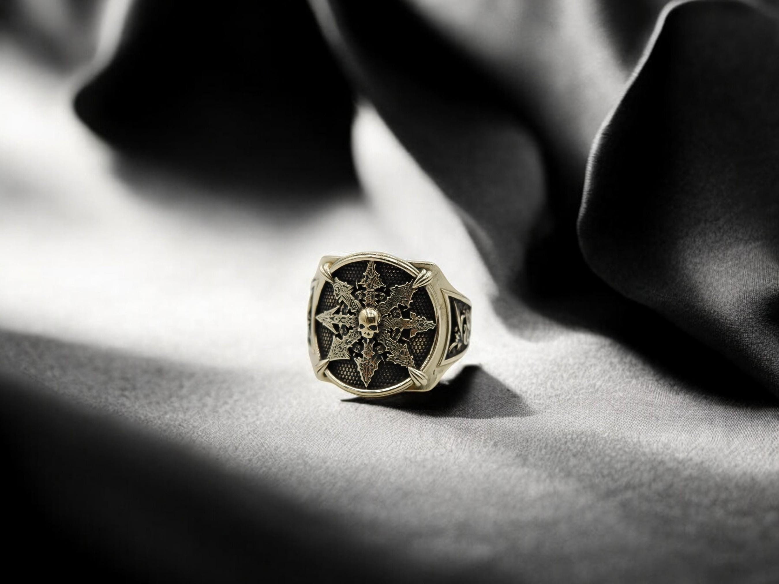 Arrows Chaos Star Cross Skull Ring, Symbol of Chaos Ring, Chaos Star Ring Arrows of Chaos Eight-pointed Star Brass Jewelry