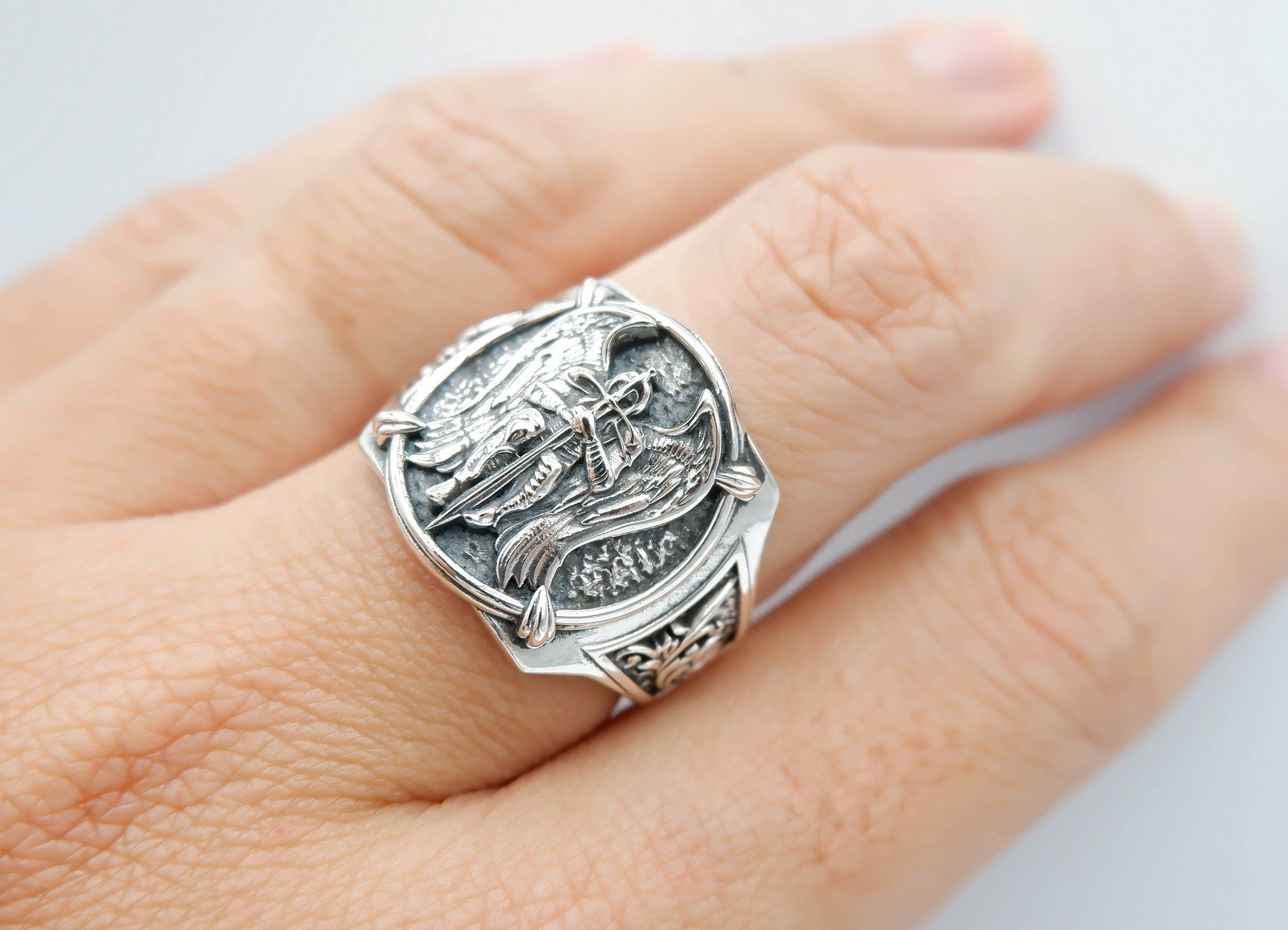 925 Sterling Silver Archangel Michael Ring, Catholic Knight Jewelry - Etsy