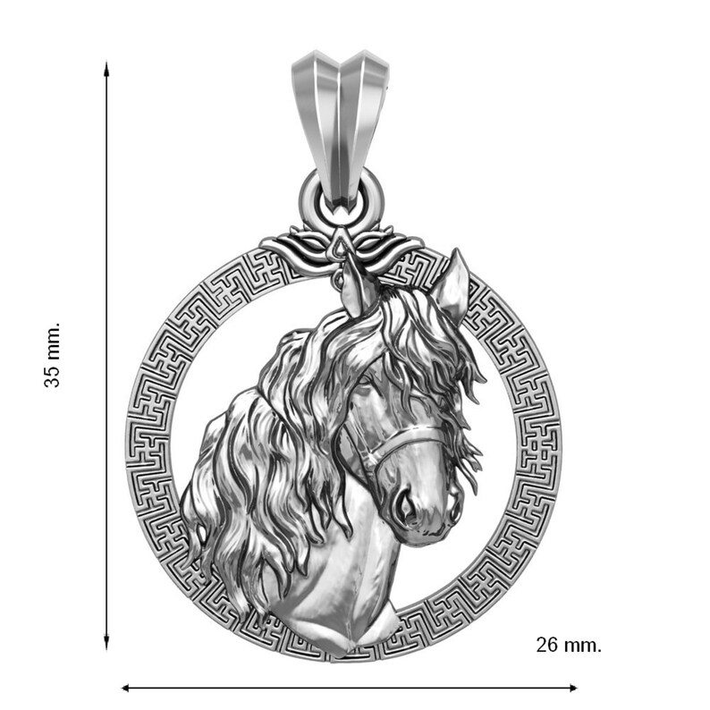 May include: Silver pendant featuring a detailed horse head design with a mane and a Greek key border. The pendant measures 1.02 inches in diameter and 1.38 inches in height.
