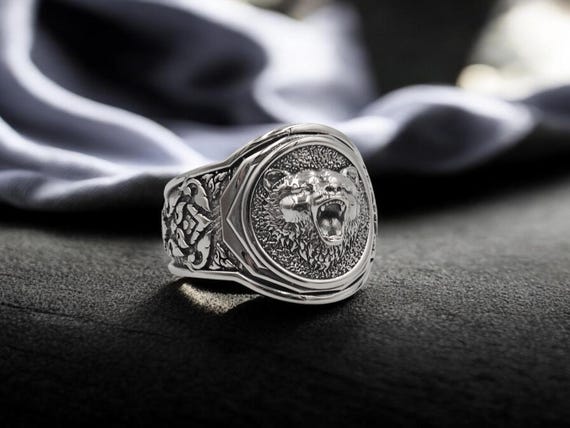 925 Sterling Silver Bear Head Ring, Mens Signet Ring