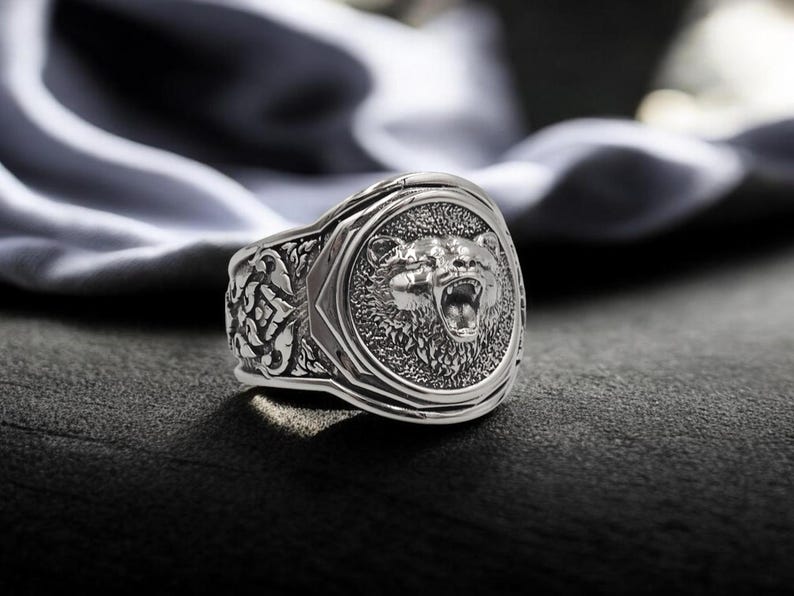 925 Sterling Silber Bärenkopf Ring, Herrensiegelring Bild 1