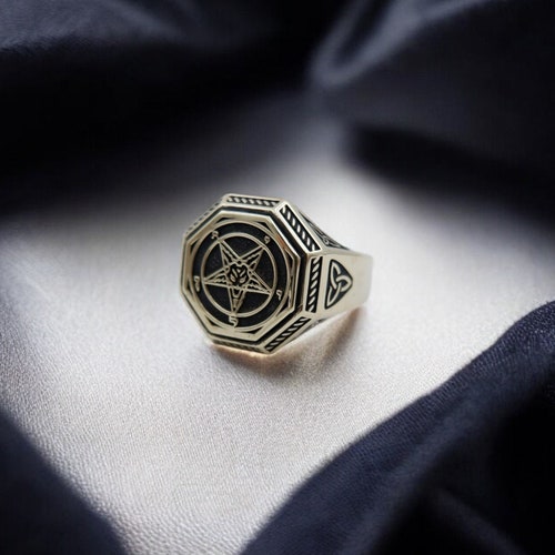 Sigil of Baphomet Brass Ring, Inverted Pentagram Satanic Jewelry