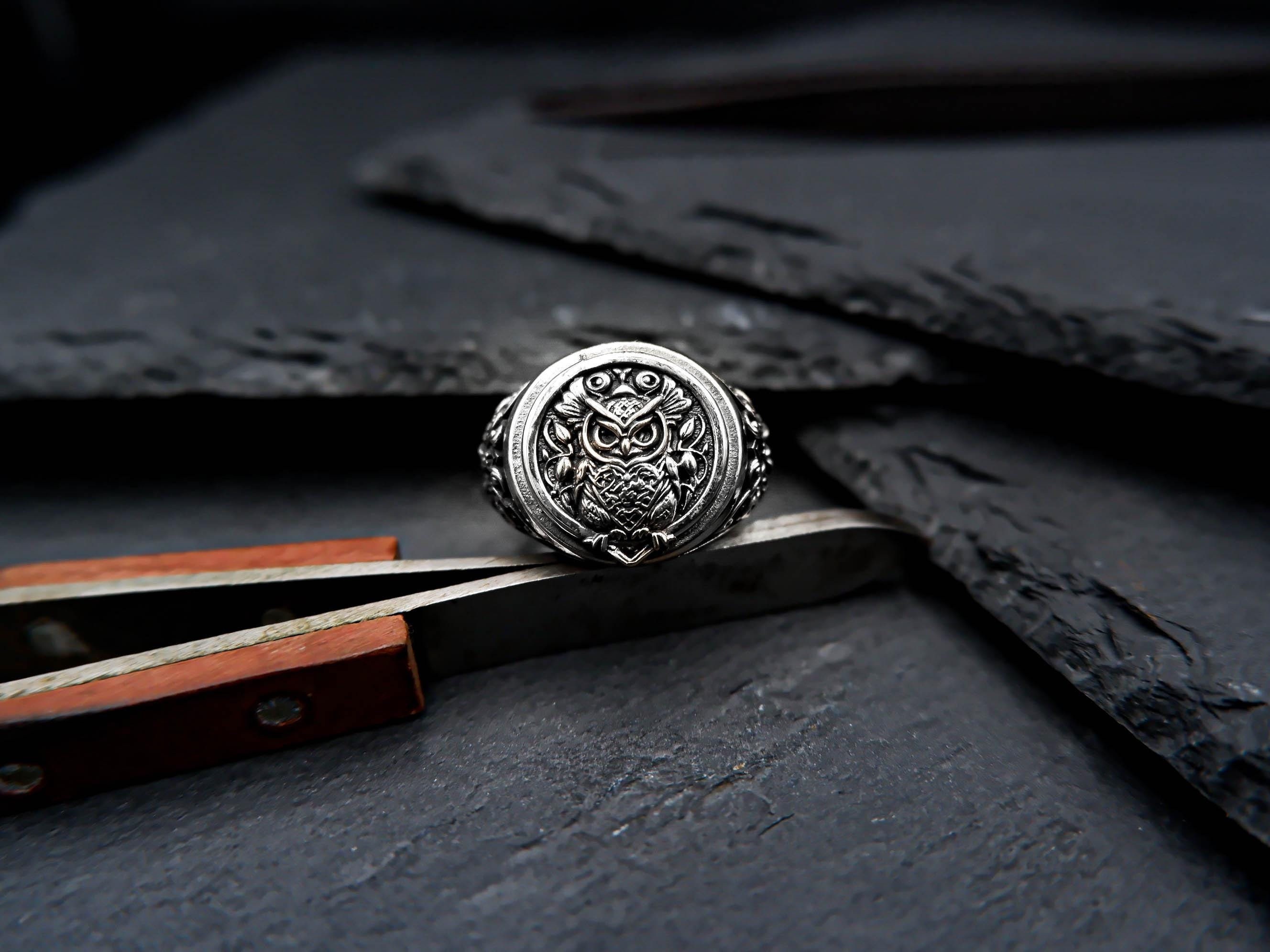 925 Sterling Silver Viking Owl Ring Animal Signet Accessory Celtic Norse Jewelry