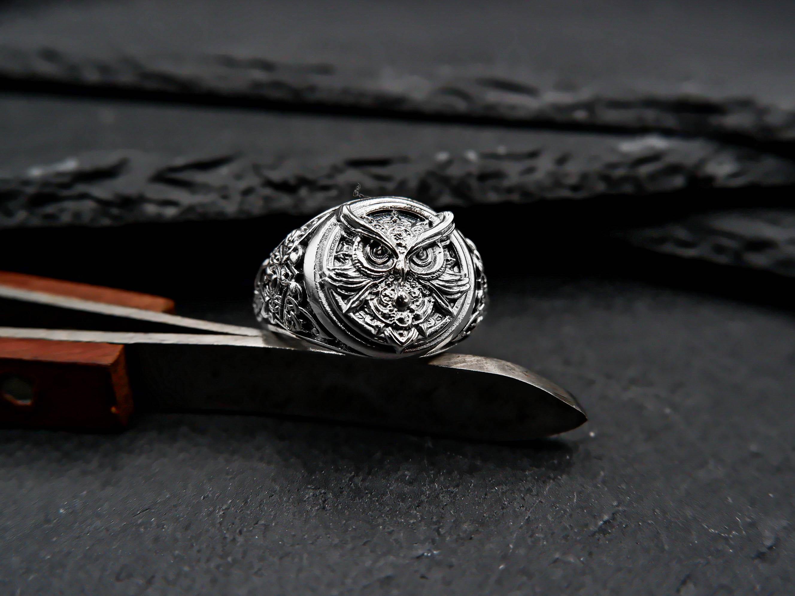925 Sterling Silver Viking Owl Ring: Celtic Norse Signet