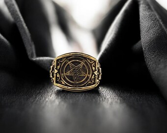 Baphomet Inverted Pentagram Brass Ring, Satanic Jewelry