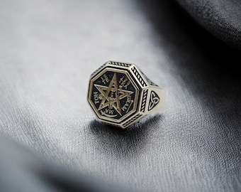 Anillo de latón con pentagrama y tetragrámaton, amuleto cabalístico con sello de Salomón