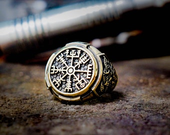 Brass Viking Helm of Awe Ring, Vegvisir Compass