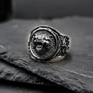 925 Sterling Silber Bärenkopf Ring, Herrensiegelring Bild 3