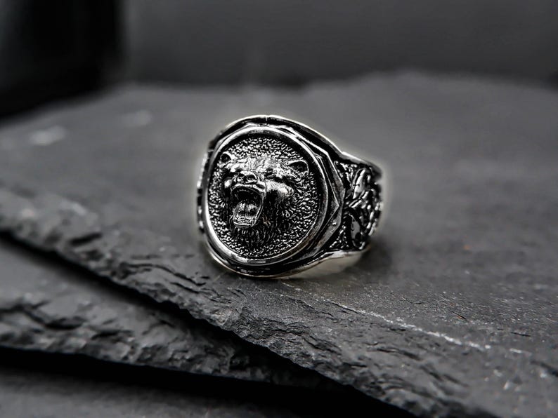 925 Sterling Silber Bärenkopf Ring, Herrensiegelring Bild 3