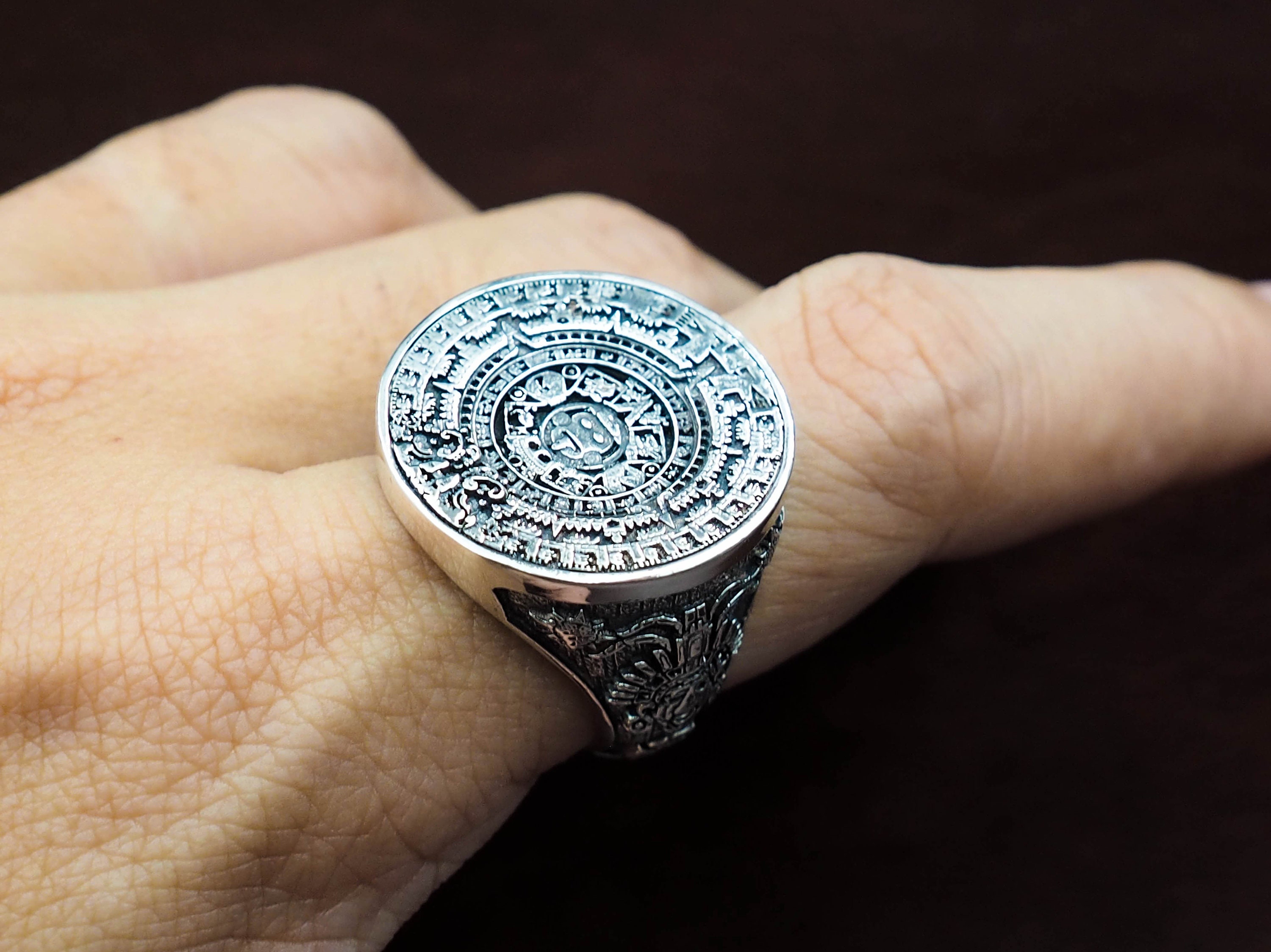 Mayan Calendar Ring Aztec Calendar Silver Rings Mexican Etsy