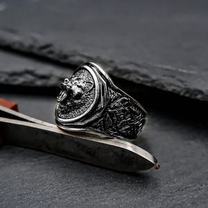 925 Sterling Silber Bärenkopf Ring, Herrensiegelring Bild 5