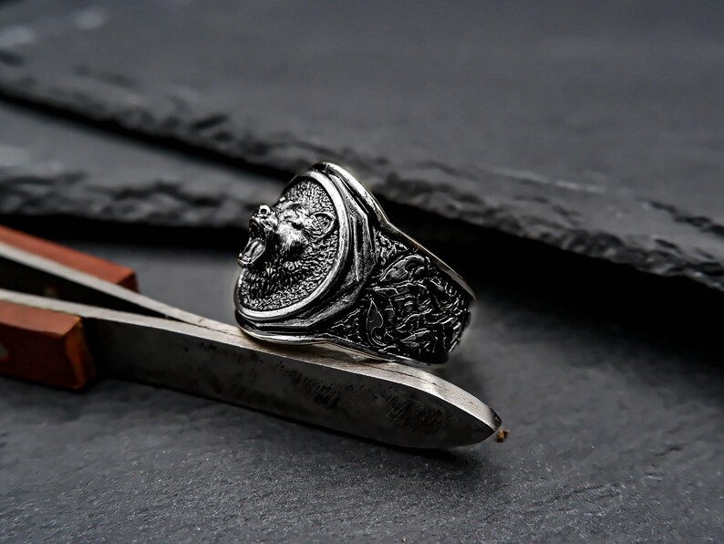 925 Sterling Silber Bärenkopf Ring, Herrensiegelring Bild 5