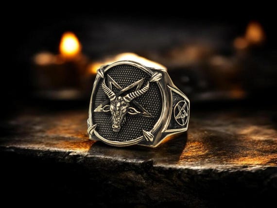 Gothic Baphomet Brass Ring, Seal of Satan Pentagram