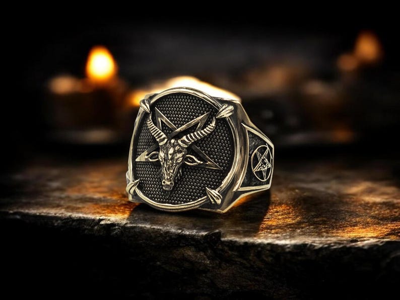 Gothic Baphomet Brass Ring, Seal of Satan Pentagram image 1