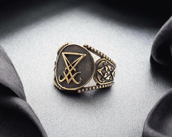Mens Sigil Lucifer Brass Ring, Devil Satan Amulet Jewelry