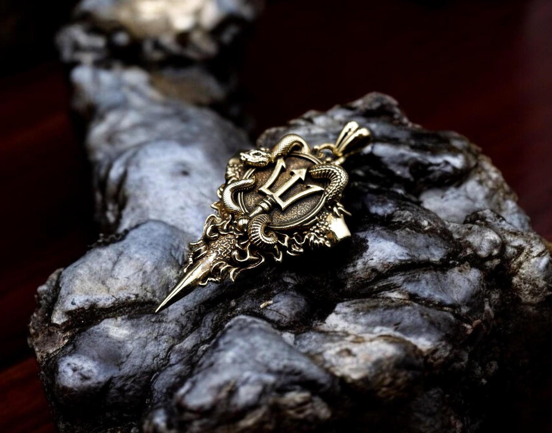 Poseidon Trident Pendant with Snake Ancient Greek God Brass Jewelry For Gift
