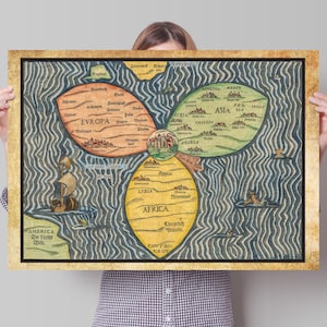 De Bünting Klaverbladkaart (De Wereld in klaverblad) oude kaart, grote kaart, antiek decor, oversized kaartafdruk
