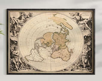 Póster del mapa del mundo antiguo, impresión de estilo de tierra plana, planisferio terrestre antiguo, póster equidistante de azimuthel de tierra plana vintage, regalo de tierra plana