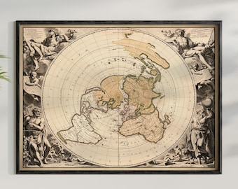 Old World Map Poster, Flat Earth Style Print, Antique Planisphere Terrestre, Vintage Flat Earth Azimuthel Equidistant Poster,Flat Earth Gift