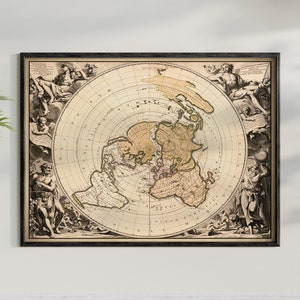 Oude Wereld Kaart Poster, Flat Earth Style Print, Antieke Planisphere Terrestre, Vintage Flat Earth Azimuthel Equidistant Poster, Flat Earth Gift