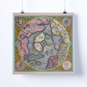 Kaart Mercator 1606 Noordpool Arctic Septentrionalium Terrarum Pictorial Chart Square Wall Art Print Picture (Flat Earth)