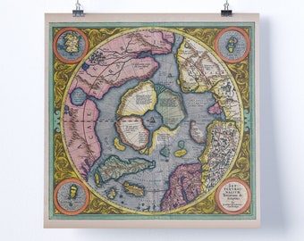 Map Mercator 1606 North Pole Arctic Septentrionalium Terrarum Pictorial Chart Square Wall Art Print Picture (Flat Earth)