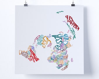 Mapa tipográfico de la Tierra plana - Mapa equidistante azimuthel con nombres de países en forma de país, Arte de la Tierra plana, Póster de la Tierra plana