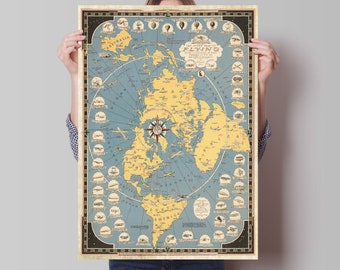 El mapa de la historia del vuelo: siendo una crónica de la conquista del aire por parte del hombre (Azimuthel Equidistant/Flat Earth) mapa antiguo, mapa grande