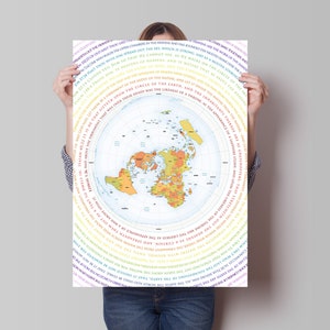 Platte aardekaart met poster bijbelse geschriften (op gelijke afstand van azimuthelft)