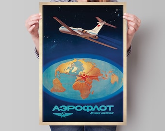 Póster de viaje de la Tierra plana / Póster del avión Ilyushin IL-62 de Aeroflot Soviet Airlines / Póster vintage de Aeroflot Soviet Airlines