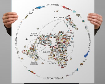 Mapa ilustrado de la Tierra Plana - Mapa de dibujos animados con puntos de referencia y animales - Póster de la Tierra Plana para niños