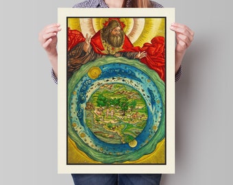 Ilustración de la creación de la traducción de la Biblia de Martín Lutero de 1534 - Universo geocéntrico - Carteles de tierra plana