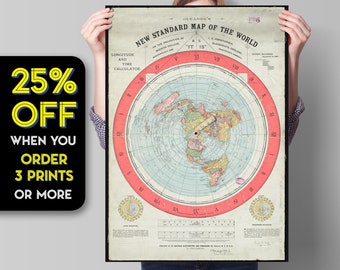 Flat Earth Map - Gleason's New Standard Map of the World 1892 - old map, large map,  antique decor, oversize map print