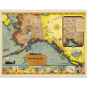 Un mapa de Alaska con un carácter bondadoso – 1939 / Reproducción / Impresión de mapa antiguo de Alaska