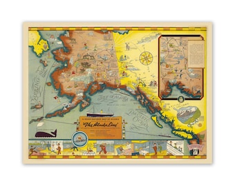 Un mapa de Alaska con un carácter bondadoso – 1939 / Reproducción / Impresión de mapa antiguo de Alaska