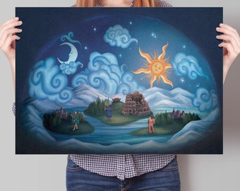 La Gran Dispersión - Impresión de Arte de Tierra Plana - Serie Under the Dome - Cartel del Firmamento - Los Hijos de Noé - Japeth, Sem, Ham - Regalo Flatearther