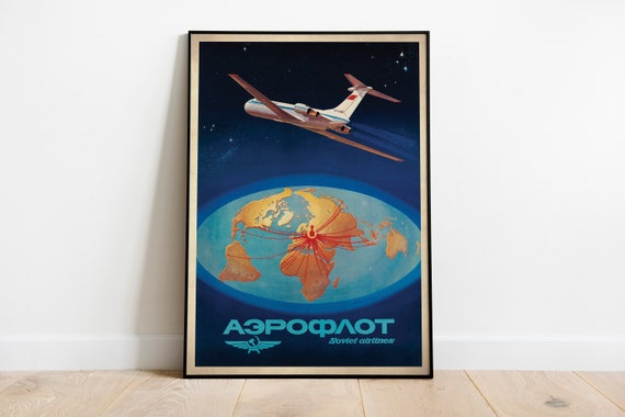 Flat Earth Travel Poster / Aeroflot Soviet Airlines Ilyushin IL-62