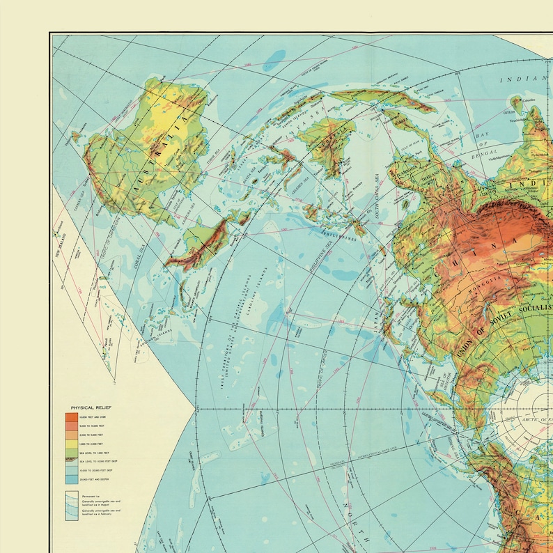 U.S Air Force Physical-political Chart of the World azimuthel | Etsy