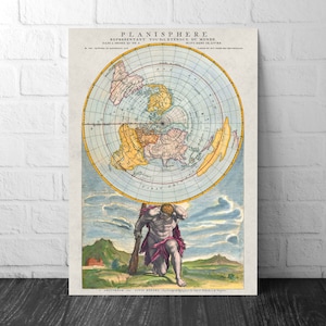Vintage platte aarde planisfeer wereldkaart afdrukken -1715 - Louis Renard - Azimuthel op gelijke afstand