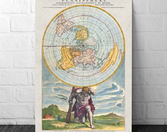 Impresión del mapa mundial del planisferio de la Tierra plana vintage, 1715, Louis Renard, Equidistante azimutel