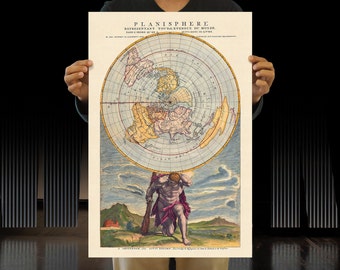 Vintage Flat Earth Planisphere World Map Print -1715 - Louis Renard - Azimuthel Equidistant