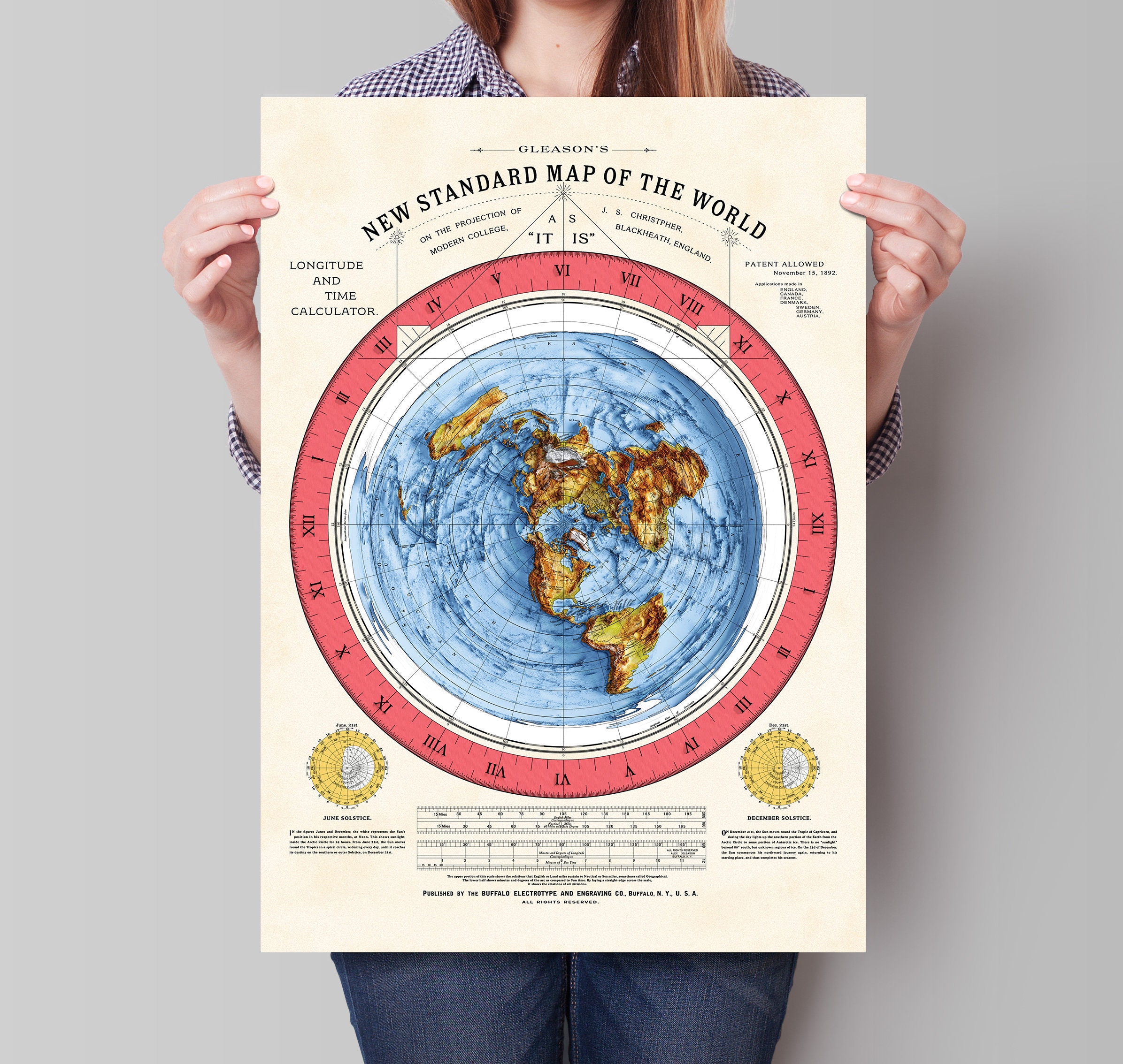 Toile Imprimée Carte De La Terre Plate 1893 - Décoration Murale 30 X 45 Cm - Sans Cadre - Qualité Musée