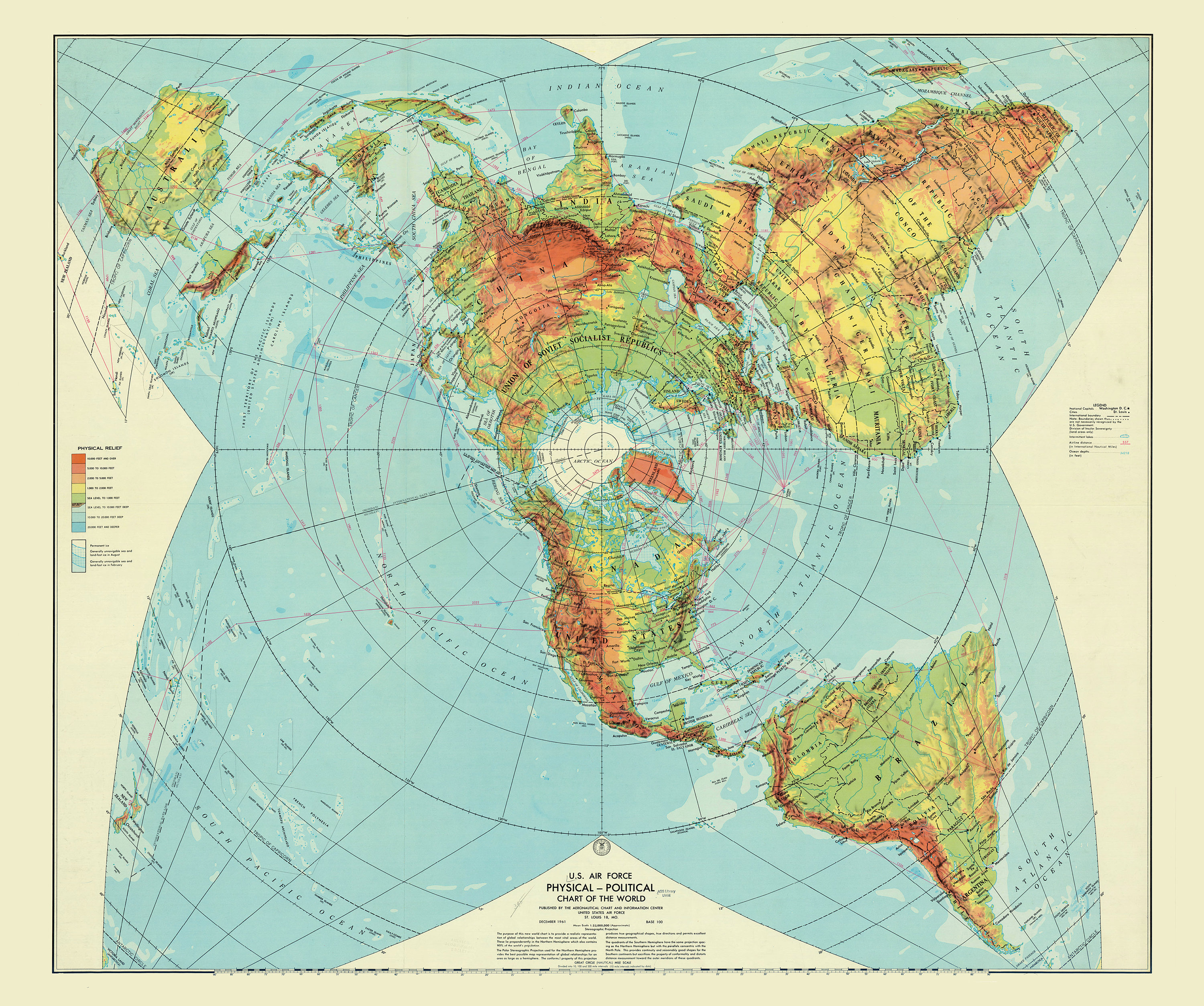 U.S Air Force Physical political Chart of the World azimuthel Equidistant flat Earth Map Etsy